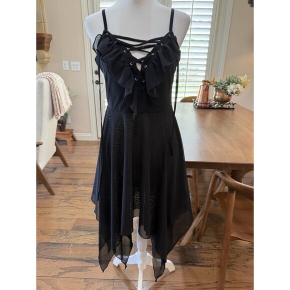 Killstar Gothic Witchy Corset Lace Up Ruffle Handkerchief Hem Black Midi Dress M - Picture 4 of 13